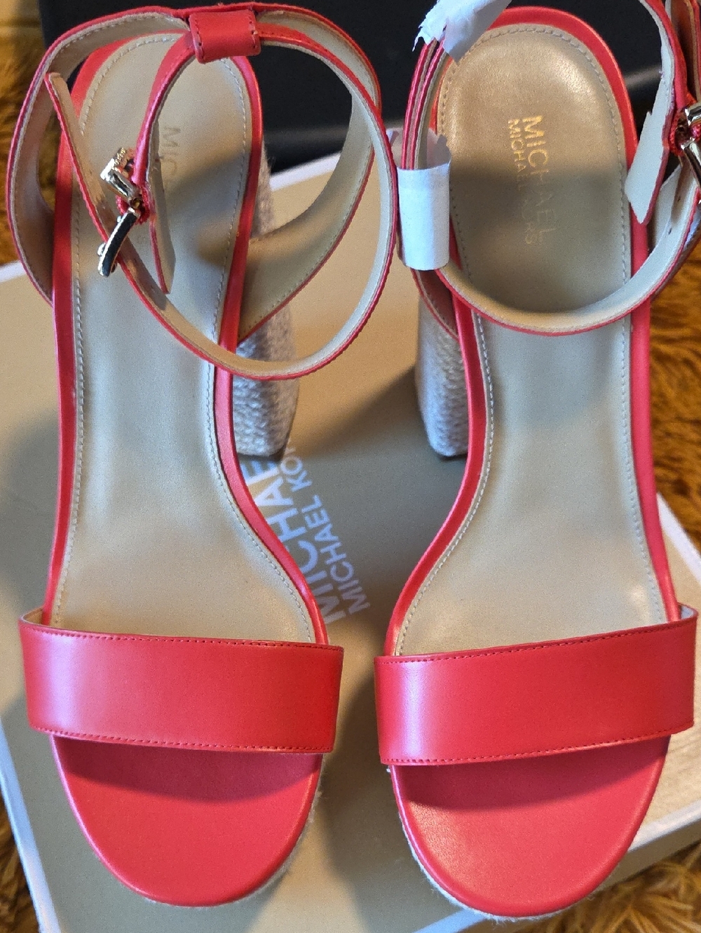 Michael Kors Coral-Red Ankle-Strap Espadrille Wedges - Picture 6 of 9